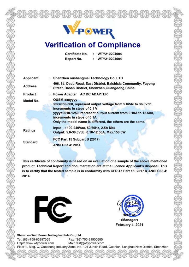 FCC Certification and Power Supply

If you want to produce and export power adapters to the United States, you need to comply with the requirements of the Federal Communications Commission (FCC), which is the authority that regulates the electromagnetic compatibility of electronic products in the US market.
FCC certification is a mandatory certification for electronic products that can emit radio frequency energy, such as wireless devices, radio transmitters, signal amplifiers and devices using cellular technology.
In this article, we will introduce some basic knowledge and requirements of FCC certification and power adapter, and help you understand how to apply for FCC certification for your power adapter products.
Types of FCC certification
According to the different levels of risk and interference of electronic products, FCC divides them into three categories: intentional radiators, unintentional radiators and incidental radiators.
Intentional radiators are devices that intentionally generate and emit radio frequency energy by radiation or induction, such as wireless devices, radio transmitters, signal amplifiers and devices using cellular technology. They need to obtain FCC Certification (formerly known as FCC ID) before entering the US market.
Unintentional radiators are devices that operate at a frequency higher than 9 kHz and use digital techniques, but do not intentionally generate or emit radio frequency energy, such as personal computers, printers, keyboards, power adapters, etc. They need to obtain FCC Supplier’s Declaration of Conformity (SDoC) before entering the US market.
Incidental radiators are devices that generate radio frequency energy during their operation but are not intended to emit it, such as electric motors, switches, etc. They do not need to obtain any FCC certification or declaration before entering the US market.
How to apply for FCC certification for power adapter
If your power adapter belongs to the category of unintentional radiator, you need to apply for FCC SDoC for it. The main steps are as follows:
Choose a qualified testing laboratory that can perform FCC testing according to the applicable standards and regulations. You can find a list of accredited testing laboratories on the FCC website.
Submit your product information and samples to the testing laboratory for testing. The testing laboratory will issue a test report after completing the testing.
Prepare a declaration of conformity that contains the following information: product identification and model number; name and address of responsible party; statement of compliance with FCC rules; reference to test report; date and place of issue; signature of authorized person.
Attach a label on your product that contains the following information: product identification and model number; statement of compliance with FCC rules; name or logo of responsible party. The label should be visible and durable.
Keep a copy of the test report and declaration of conformity for future reference. You do not need to submit them to FCC unless requested.
Conclusion
This article briefly introduced what is FCC certification, why we need it for power adapter, what are the types of FCC certification for different products, and how to apply for FCC SDoC for power adapter.